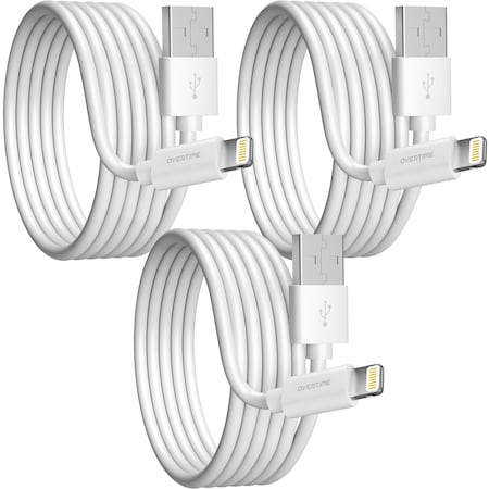 Overtime iOS Compatible Charger Set of 3, 10ft iPhone Charger Cable, USB to Lightning Cable, White OTDCIP10WHX3